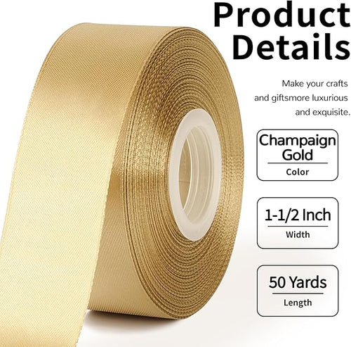 1-1/2 Inch Wide Champaign Gold Satin Ribbon, 50 Yards Solid Polyester Fabric Ribbon for Roses Making, Gift Wrapping, Christmas, Wedding Decorations, Crafts, Bows