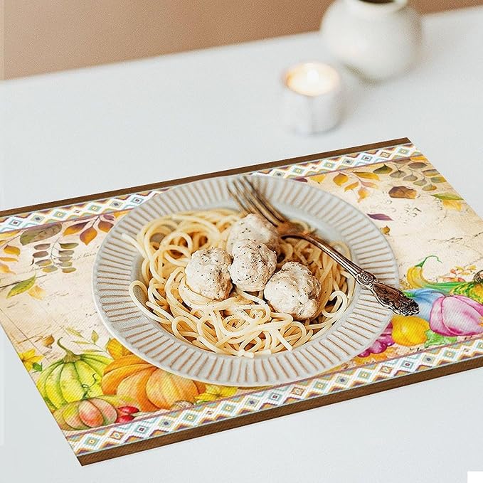 Fall Pumpkin Kitchen Placemats Vintage Rustic Farmhouse Aztec Pumpkins Maple Leaves Sunflowers Harvest Thanksgiving Placemats Table Kitchen Dining Party 12x18 Inch Set of 4
