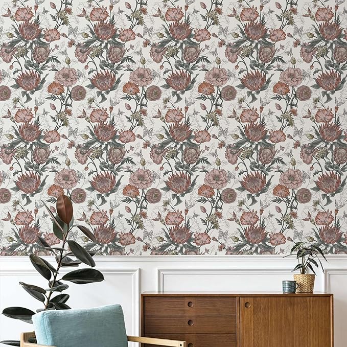 Floral Wallpaper Peel and Stick Floral Contact Paper White and Pink Vintage Wall Paper Removable Self Adhesive Vinyl Stick on Wallpaper for Bathroom Bedroom Decor 17.3in x 118in