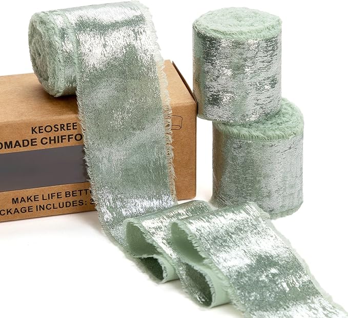 Sage Green Silk Chiffon Ribbon,Frayed Shimmery Silk Ribbon for Bridal Flower Bouquet Christmas Gift Wrapping Wedding Decor Invitations Decorations 1.5" x 15 Yards (5Yards X 3 Rolls)