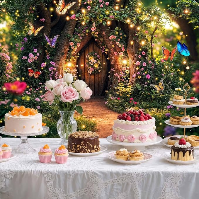 10X8ft Enchanted Forest Backdrop Fairy Tale Garden Wonderland Floral Butterfly Photography Background for Kids Girl Baby Shower Birthday Party Decoration Banner Cake Table Photo Booth Props