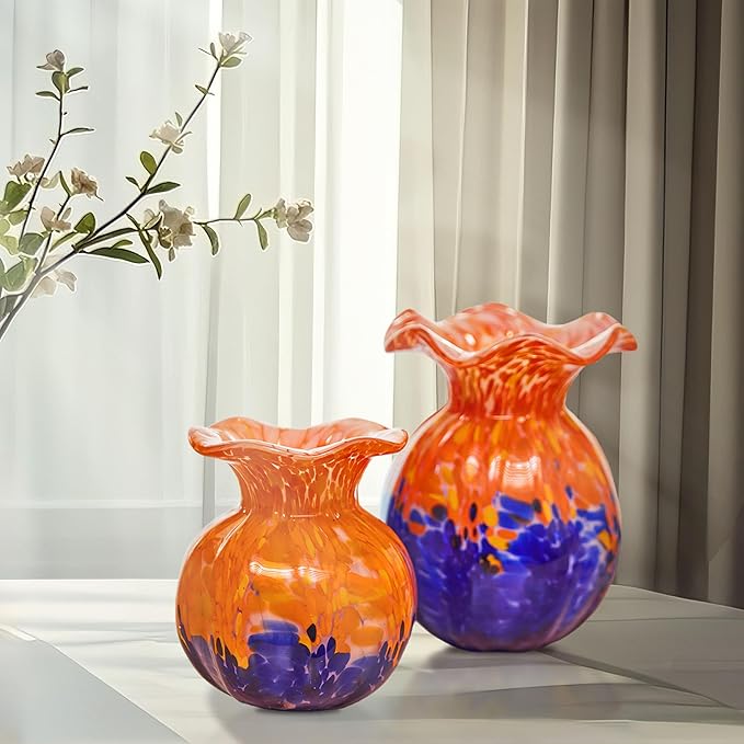 Luxury Lane Hand Blown Confetti Art Glass Bubble Bud Flower Vase for Home Decor 8 inch Tall Centerpiece Table Decoration