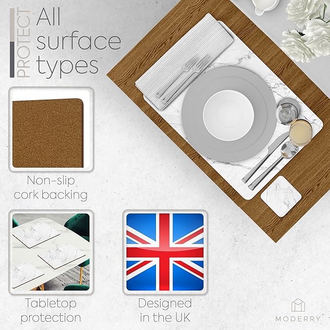 Set of 4 Heat Resistant Cork Placemats for Dining Table with Free Set of 4 Matching Drink Coasters Marble Design 16 x 12 Inches Cork Backed Hard Placemats (White Marble)