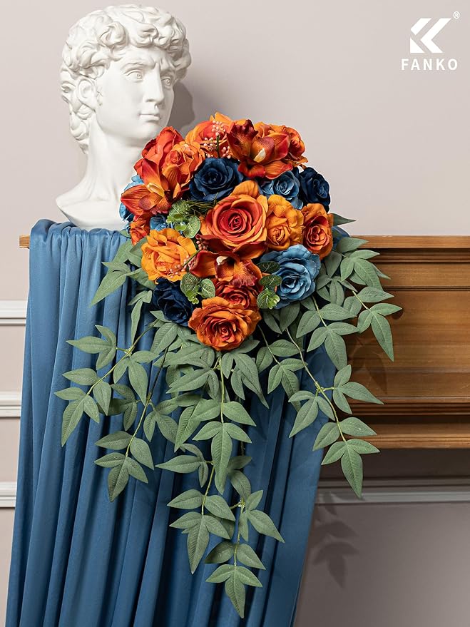 FANKO Artificial Flowers Gradient Orange Rose: Mixed Fake Silk Flowers Combo Dusty & Navy Blue Rose Orchid Vintage Assorted Blooms for DIY Wedding Bridal Bouquets/Centerpieces/Home Decor
