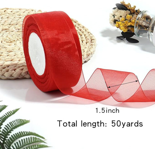 1.5 inch Sheer Organza Ribbon Red Chiffon Ribbon for Gift Wrapping Christmas Halloween Decoration Wedding Bouquet Crafts 50 Yards
