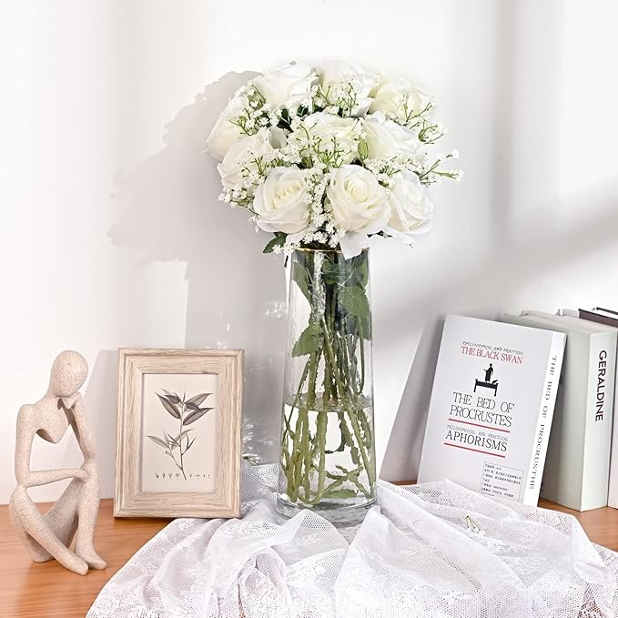 Waipfaru 20 Pcs Fake White Roses Babys Breath Artificial Flowers Bulk, Silk White Rose Faux Babys Breath with Long Stems for Wedding Bouquet Vase Flower Arrangement