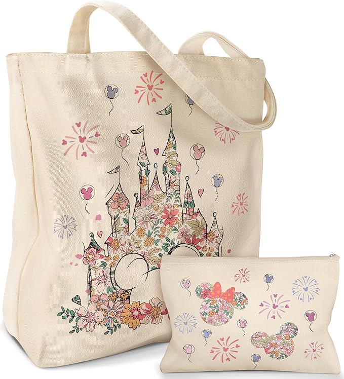 2 Pack Canvas Tote Bag - with Makeup Pouch Aesthetic Cute Women Reusable Canvas Bag for Shopping, Work, Travel