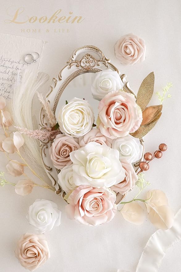 Lookein Artificial Flowers for DIY Wedding Decoration Bridal Bouquet Table Centerpieces Flower Garland Wreaths Aisle Arch Flower Decoration Home Decor, Chic Beige