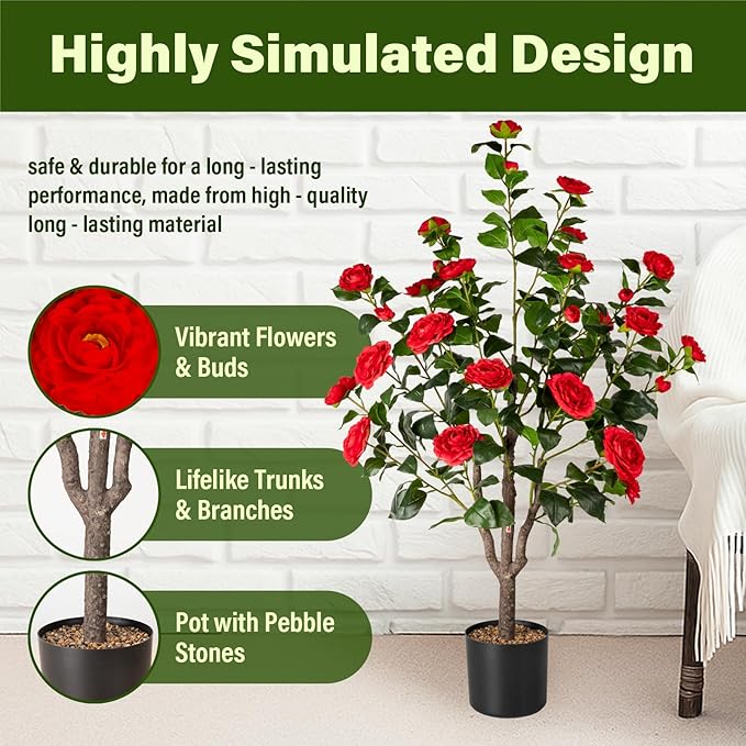 Artificial Camellia Tree,2Pack 3.6FT Faux Red Camellia Plants in Pots,Lifelike Artificial Flower Trees for Indoor Outdoor Home Decor,Realistic Blooming Faux Plants for Living Room Porch Patio Office