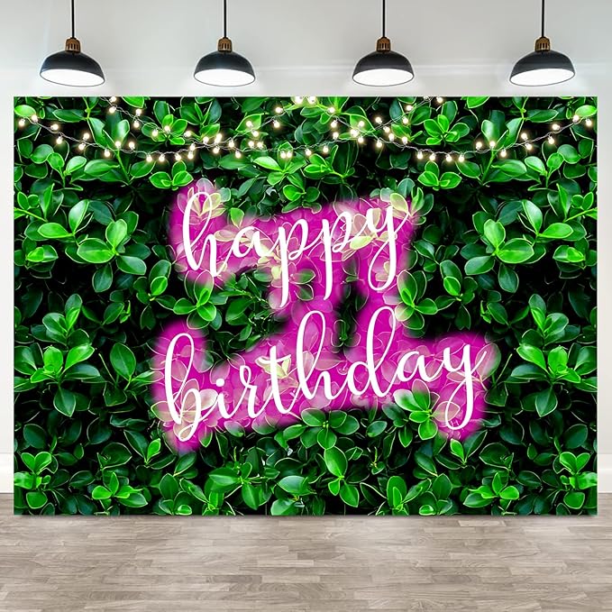 7x5ft Green Leaves Happy Birthday Decoration for Women Shiny Pink Neon Sign Party Backdrop Banner for Girl Princess 20th 30th 40th 50th Birthday Background Photo Booth Props