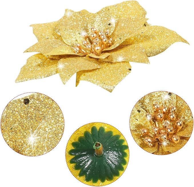 Boao 24 Pieces Glitter Poinsettia Artificial Christmas Flowers Poinsettia Decorations Wedding Christmas Tree Ornaments, 3/4/6 Inches (Gold)