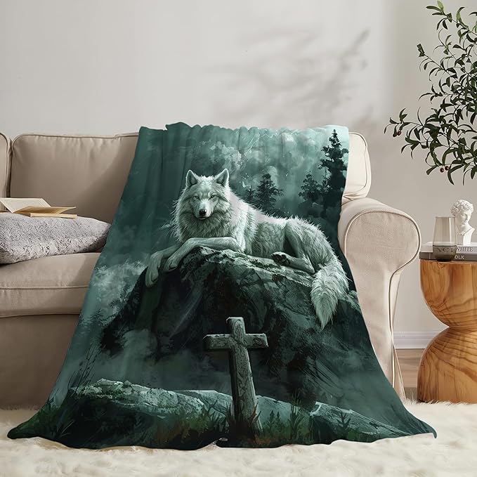 Wolf Christian Throw Blanket - Gifts and Decor for Women Men Adults - Soft Warm Cozy Fleece for Couch Sofa Bed 50"x40"