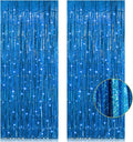 2 Pack 3.2ft x 8.2ft Blue Foil Fringe Curtains Photo Backdrop Party Decorations, Metallic Tinsel Foil Fringe Streamer Curtain for Party Door Wall Curtain Bachelorette Christmas New Year Decorations