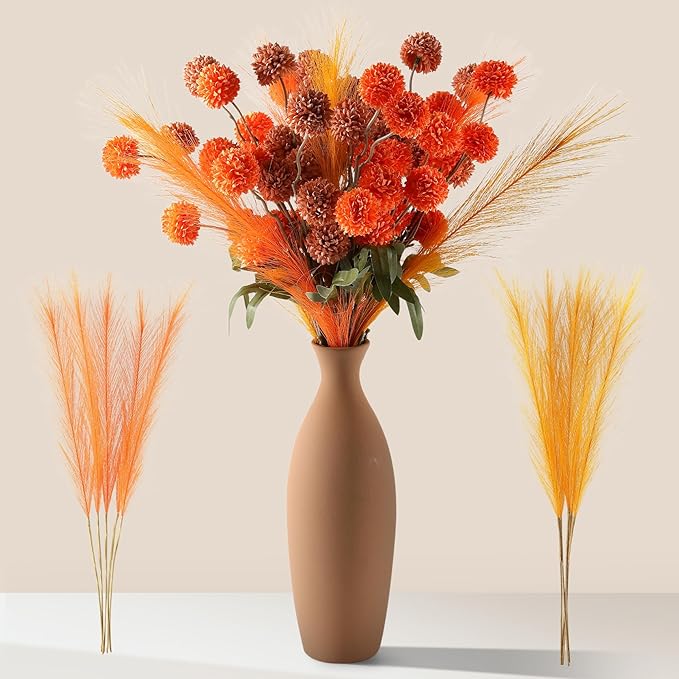 Faux Fall Flowers Artificial Mums 10 Stems +10 Branches Pampas Grass,Long Stems Silk Flowers Autumn Home Decor,Fake Floral Pompon For Table Vase Filler,Halloween Centerpieces,Wedding Arrangements