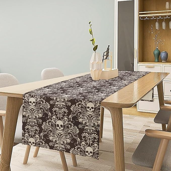 Gothic Table Runner,Damask Skull Victorian Black Floral Boho Table Runner for Home Kitchen Table Dining Garden Farmhouse Wedding Party Decor 13x120 Inch