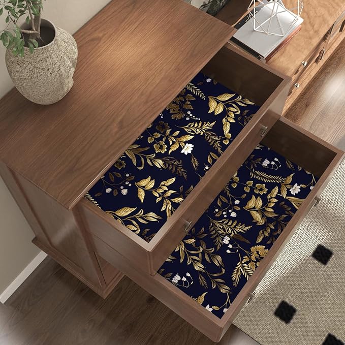 Extra Long Dark Navy Vintage Floral Wallpaper 17.5In x 393In Boho Peelable Contact Paper Botanical Wall Paper Waterproof Stick on Backsplash Bedroom Cabinet Drawer Deep Blue Yellow Gold
