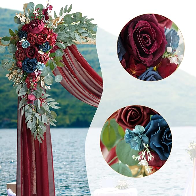 ponatia Artificial Wedding Arch Flowers Kit(Pack of 3), Burgundy Flowers with 26Ft Shiny Arch Draping Fabric, Navy Arch Flowers for Wedding Decoration, Wedding Ceremony Reception Backdrop Decorations