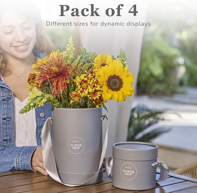 4 Flower Bouquet Hat Boxes | 2 Per Size Round Floral Arrangement Vase | Satin Ribbon Handle & Waterproof Liner | Gift Box for Flowers with Lids | Grey