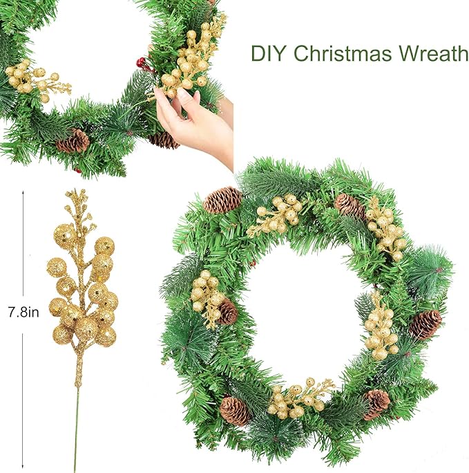 Lvydec 16pcs Christmas Glitter Berries Stems, 7.8" Artificial Christmas Picks for Christmas Tree Ornaments, DIY Xmas Wreath, Crafts, Holiday and Home Decor (Gold)