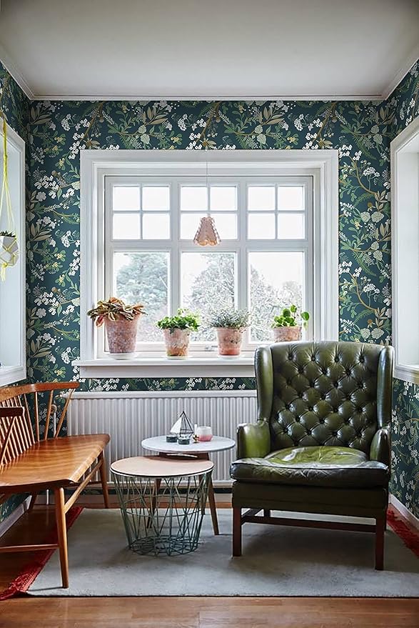 Guvana 197"x16.14" Green Peel and Stick Wallpaper Floral and Leaf Wallpaper Vintage Contact Paper Plants/Leaves/Flower Wall Paper Self Adhesive Removable Wallpaper for Livingroom Accent Room Decor