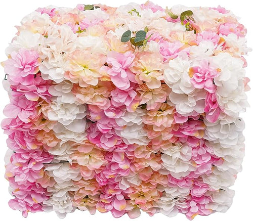 12pcs 24" x 16" Artificial Flower Wall Panel Background,3D Pink Champagne Silk Eucalyptus Rose Flowers Wall Backdrop for Wedding Party Event Photo Backdrop Wall Decor (Type 2)