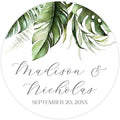Personalized Floral Wedding Stickers with Your Choice of 30 Flower Styles - Choose Font and One of Five Pre-made Phrases or Add Custom Text (006 - Palm Leaves)