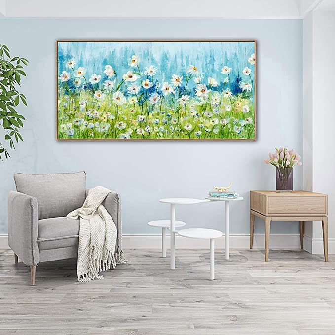 Framed Wall Art Wildflowers Canvas Pictures Living Room Wall Decor Abstract White Daisy Floral Prints Spring Landscape Painting Green Grass Artwork for Bedroom Kitchen Home Office Decor 20"x40"