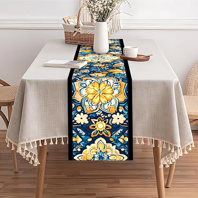 Bohemian Blue & Orange Floral Table Runner – 13x72 Inch Vintage Patterned Linen-Look Fabric, Rustic Dining Table Decor, Boho Chic Home Accent for Kitchen & Parties