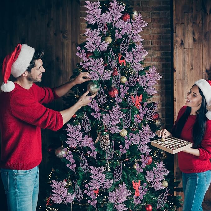 75 Pcs Christmas Glitter Branches 3 Styles Artificial Christmas Picks Berries Stems Pine Needles Floral Twig Spray for Xmas Tree Ornaments DIY Wreath Garland(Light Purple)