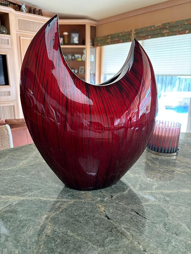 Modern Day Accents 3627 Acentuada Fat Pointed Red Glaze Vase, Flower Vase, Plants, Centerpiece, Home Decor, Office Decor, Arrangement 13.5" H