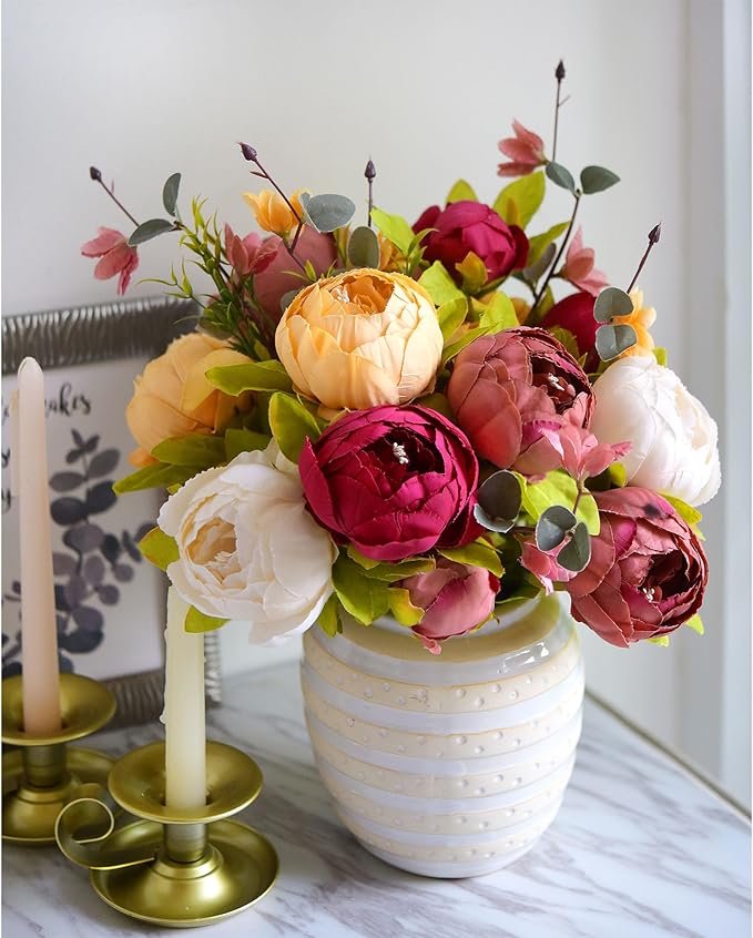 Barley White, Faded Orange & Pinkish Red Silk Peony and Hydrangea Bouquet with 2 Elegant Gold Taper Candle Holders – Luxurious Floral Arrangement for Weddings & Home Decor (Sunset Whisper)