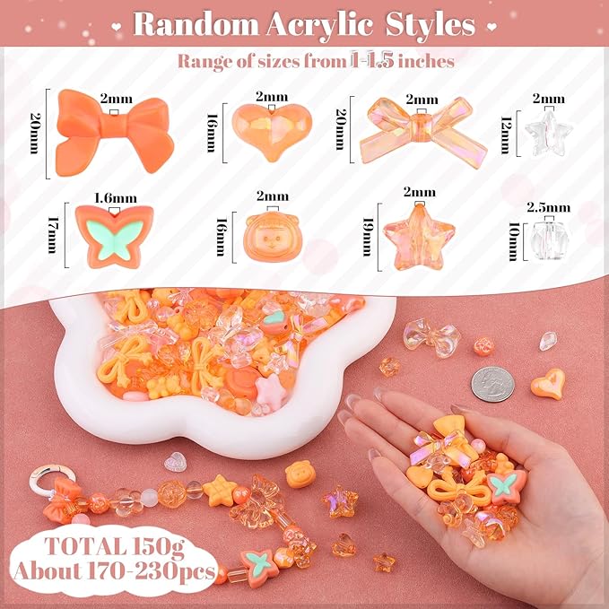 Assorted Acrylic Beads, 200-260PCS Orange Cute Beads for Bracelet Making, GummyBear Bow Flower Candy Kawaii Charms for Jewelry Making DIY Necklace Keychain Phone Charm Christmas Gift