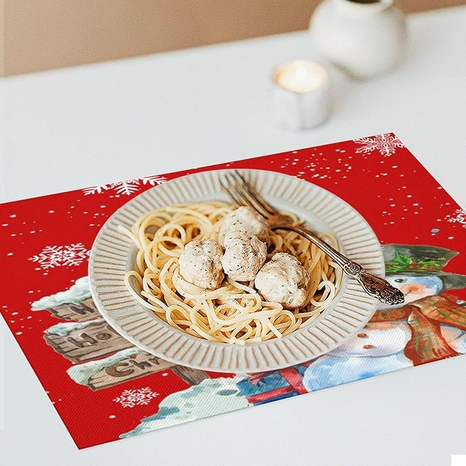 Santa Claus Placemats Red Country Farmhouse Winter Christmas Snowflake Cute Snowman Placemats Table Kitchen Dining Party 12x18 Inch Set of 6