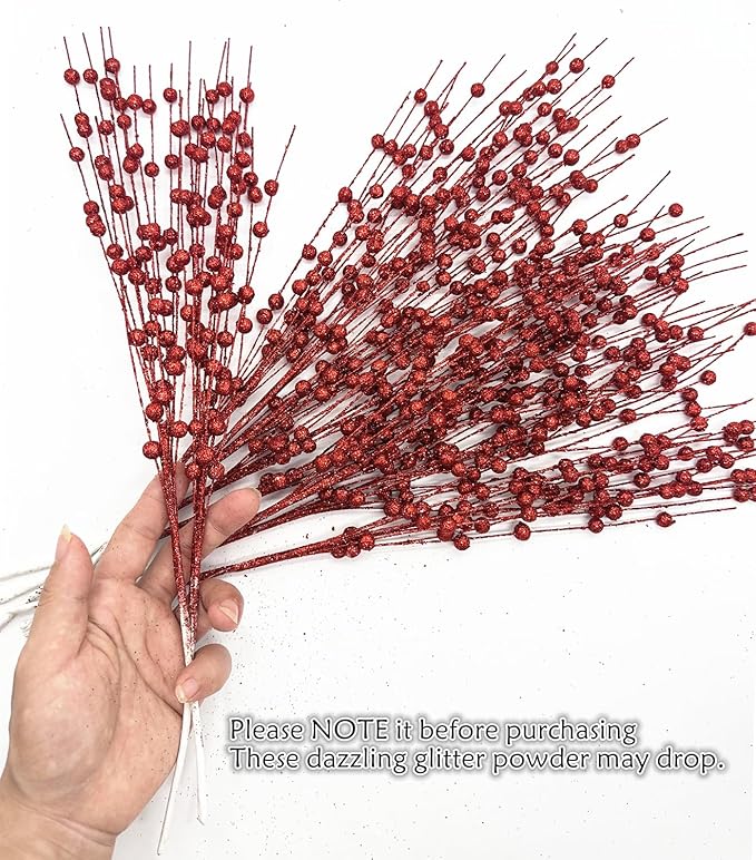 Artificial Glitter Berry Stems Decorations 17 Inch, Fake Berries Bead Sticks Pick for Halloween Christmas Ornaments Berries Stem Xmas Tree Picks Wreath Vase Filler Home DIY Decor - Red 10 Pack