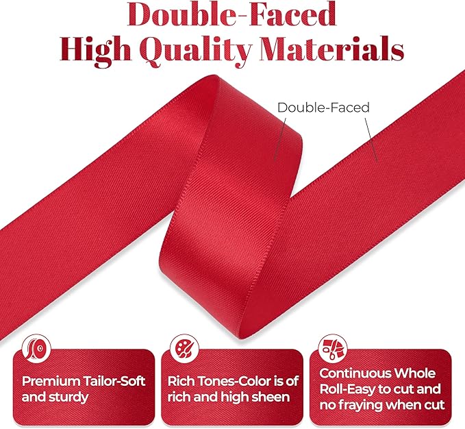 Premium Double Faced Satin Ribbon, 1 Inch X 25 Yards, Red, Perfect for Gift Wrapping, Crafts, Wedding Decor