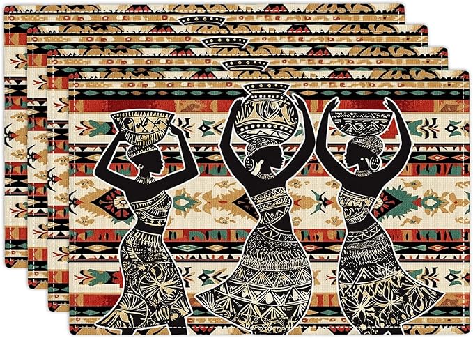 Southwestern Placemats Set of 4, African Woman Place Mats, Rustic Dancing Women with Pot on The Head Dining Table Mats, Washable Placemats for Kitchen Dining Room 18L'' × 12W''