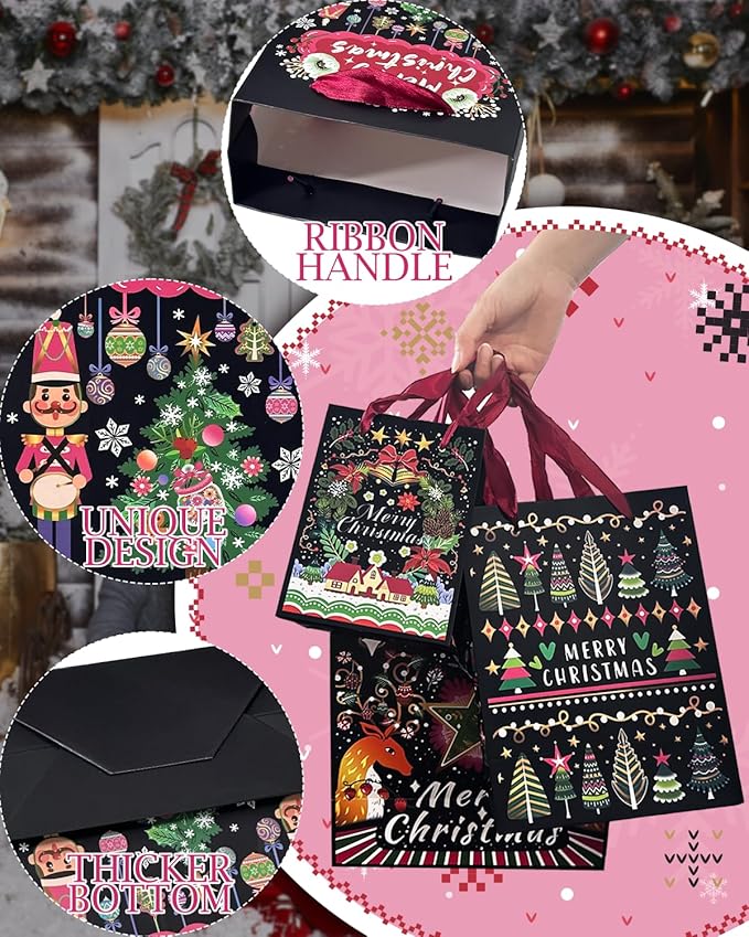 qiqee Christmas Paper Gift Bags with Tissue Paper Handles Assorted Sizes 10PCS Merry Christmas Bags(2pcs Large 13", 4pcs Medium 9", 4pcs Small 6"，30pcs Tissue Paper)