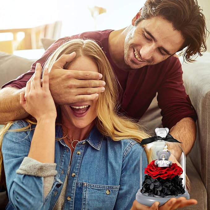 JoyFlower Preserved Flower Birthday Gift for Women, Red Preserved Rose Bear in Glass Birthday Gifts for Girlfriend, Eternal Flower Teddy Bear Gifts for Wife Mom Her Grandma Daughter Sister on Birthday