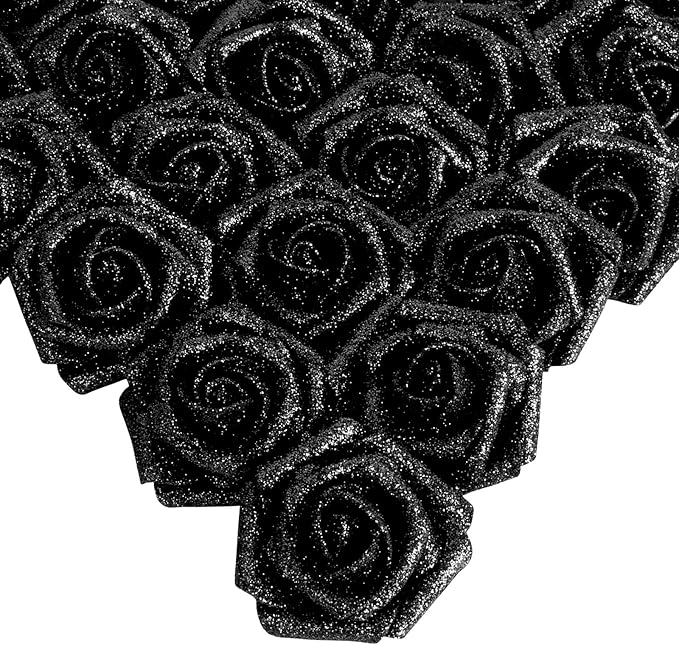 IPOPU Black Glitter Roses, 25pcs Foam Glitter Roses Glitter Flowers Foam Rose with Stem for DIY Wedding Bridal Bouquet Home Party Decoration(Black)