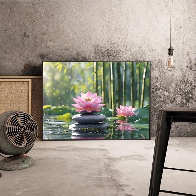 Ethereal pink lotus on obsidian Sunlit bamboo forest with sparkling water drops Poetic nature inspired wall art for tranquil homes and mindful spaces 16x24in Metal blackFramed
