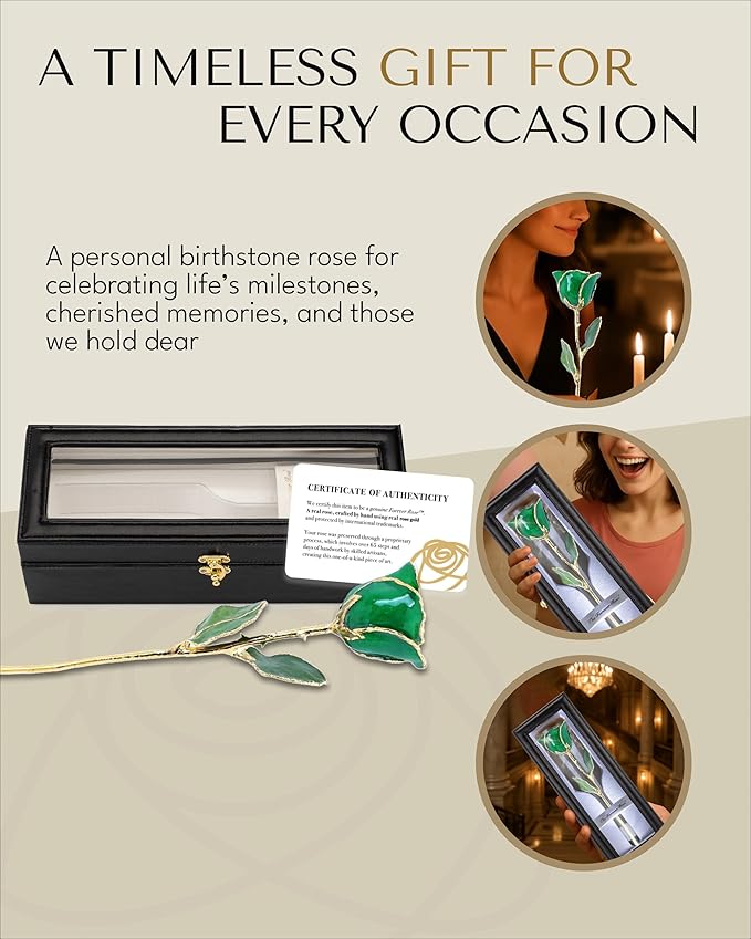 Forever Rose Hand-Dipped in 24K Gold, Emerald-Inspired May Birthstone with Sparkles, Real Rose in Leather Case with LED Light – Perfect Ready to Gift for May Birthday or Any Occasion