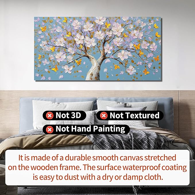Purple Blossom Tree with Butterflies Canvas Wall Art with Gold Accents, Blue Background Abstract Picture for Living Room Bedroom Wall Decor Printed Painting Artwork Decoration Large Size 58x29 Inches