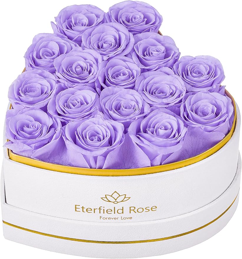 Eterfield 16 Forever Flowers in Heart Shape Box, Preserved Roses That Last a Year Preserved Flowers Birthday Gifts for Her Mom Women Wife Anniversary Valentines Day Mothers Day Christmas, Light Purple
