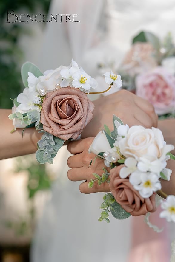 Dusty Rose Corsages for Wedding(Set of 6),Corsages for Prom,Party Prom Hand Flower Decor,Mother of The Bride Corsage,Bridesmaid Wrist Corsage