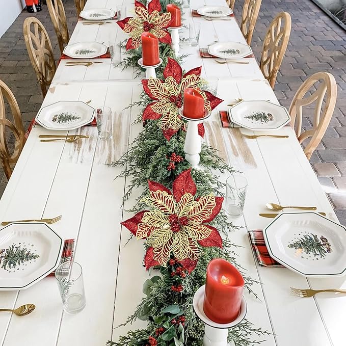 9'' Large Christmas Poinsettia Flowers, 4 Pcs Red Gold Glitter Artificial Christmas Tree Ornament Flowers Decorations with Clips for Xmas Tree Wreath Garland Wedding Party DIY Decor
