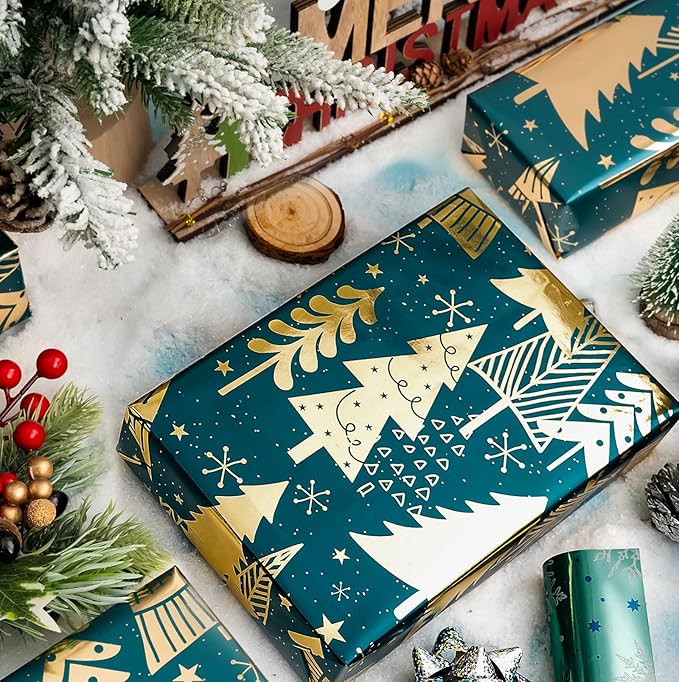 MAYPLUSS Wrap Paper Roll - 17 Inch X 33 Feet - Luxurious Metallic Foil Green Elegant Christmas Tree Winter Gift Wrapping Paper, Festive Decoration