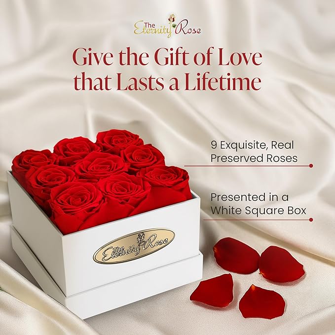 The Eternity Rose 9-Piece Preserved Roses in a Luxury Gift Box – Real Roses in Square White Box – A Valentine’s Gift as Everlasting as Your Love