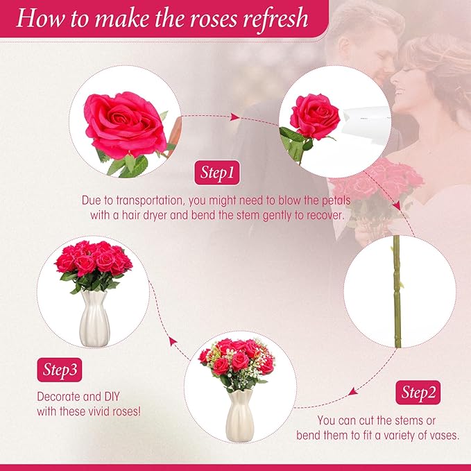 Hotop 40 Pcs Rose Artificial Flowers Bulk with Long Stem,Realistic Silk Fake Roses Bouquet for Home Wedding Centerpieces Party Table Decoration Valentines Gifts(Hot Pink)
