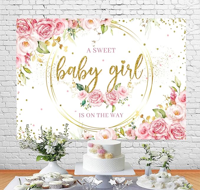 Sensfun Glitter Gold Baby Girl Backdrop Pink Floral Baby Photography Background Watercolor Flower Sweet Baby Girls Party Decorations Banner Photo Booth Supplies 10x6.5ft