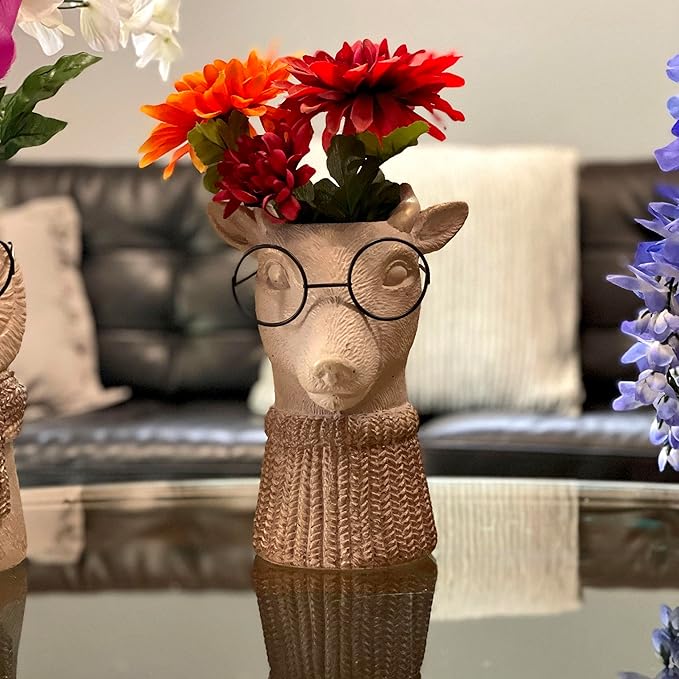 Bespectacled Deer Cement Vase 8.7 Inch - Gold Accents, Knit Scarf, Real Wire Glasses, Whimsical Animal Planter, Distressed Taupe Decorative Vase for Indoor Plants, Unique Gift - Home or Office